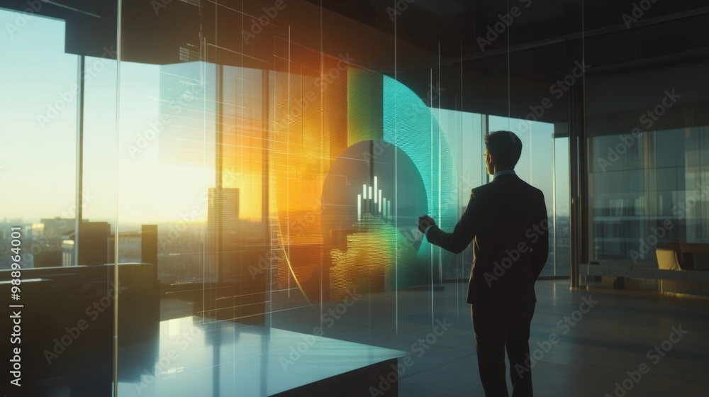 Aufkleber a digital pie chart projection on a transparent screen in a futuristic office, with a business profe
