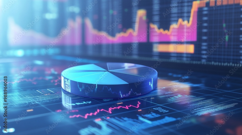 Poster a digital 3d pie chart floating in front of a background filled with financial charts, numbers, and 