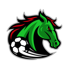 Green horse mascot with a soccer ball for a sports team or club logo.