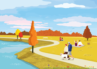 People enjoying a leisurely walk and relaxation by the lake colored in autumn leaves  © 하진 박