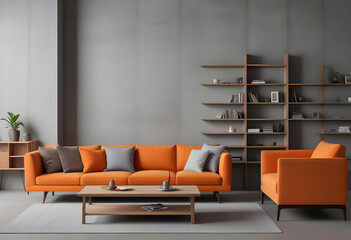 A modern living room with an orange sofa, a wooden coffee table, and a large bookshelf on the wall