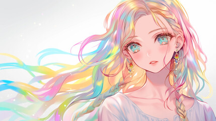 Ethereal blonde fairy in floral attire gliding through the forest bathed in sunlight, a pastel-hued anime-inspired fantasy with ultra-realistic detail
