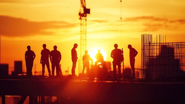 Silhouettes of workers and engineer on-site at sunset, with flare from the sun. - Powered by Adobe