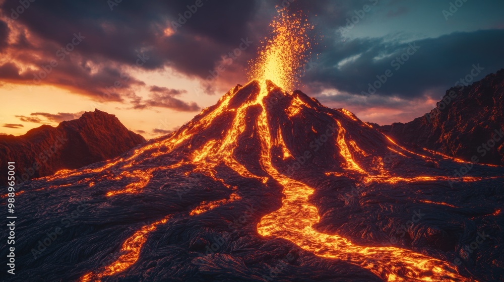 Poster a dramatic shot of a volcano erupting at dusk, with fiery lava flowing down its slopes against a bac