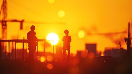 Fototapeta premium Construction workers and engineer silhouetted by the setting sun at the site.