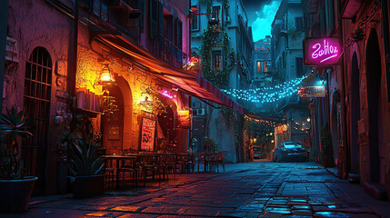 Naklejka premium cuntry, generative ai, landscape, architecture, curtoone, chasny house, background, art nouveau, city, skyline, skyscraper, building, night, street, light, old, road, town, urban, europe, people, car,