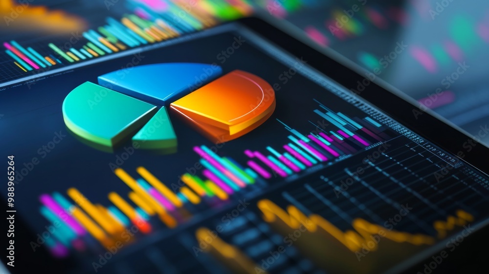 Aufkleber a dynamic 3d pie chart on a tablet, displayed alongside bar graphs and stock market trends, represen