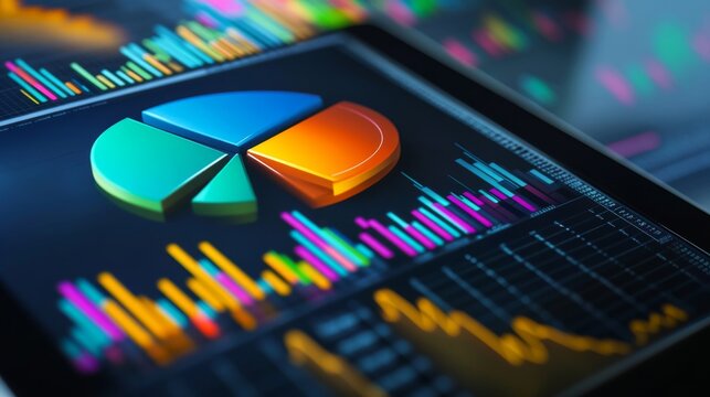A dynamic 3D pie chart on a tablet, displayed alongside bar graphs and stock market trends, representing financial growth and investment performance.