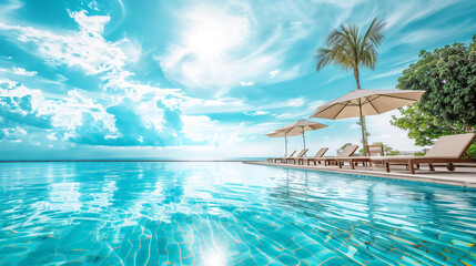 Luxury Tropical Vacation - Views of Sun Loungers, Pool and Sea