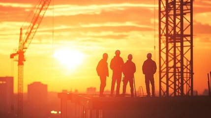 Engineer and construction team silhouettes working at sunset with light flare.
