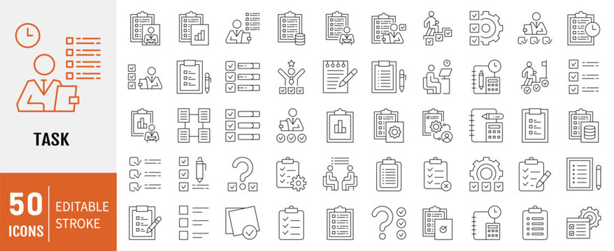 Task icon collection set. Containing clipboard, checklist, report, survey or agreement editable stroke icon. Simple line vector illustration