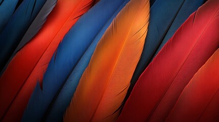 Naklejka premium A close-up view of colorful feathers arranged in a diagonal pattern, showcasing the intricate details and textures of each feather.
