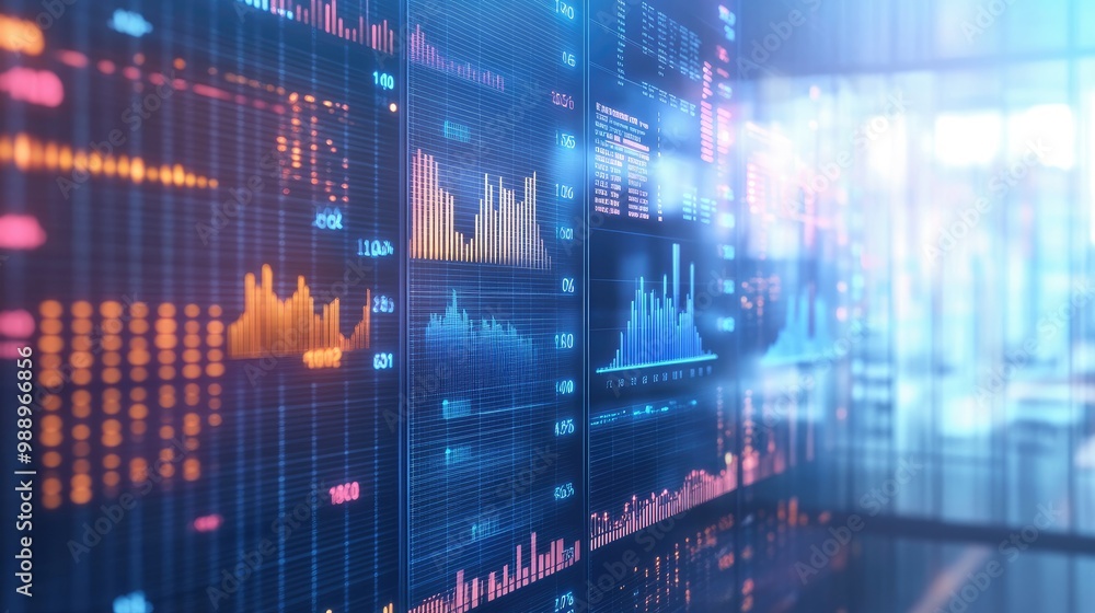 Aufkleber a business-themed background showing charts, graphs, and data analytics on a digital screen with a m