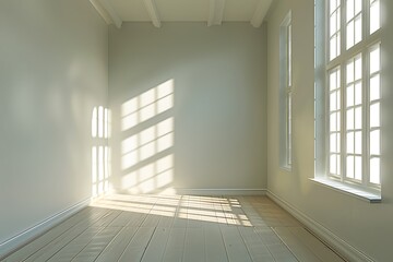 Fototapeta premium White window with shadow on the wall and wooden floor in the room