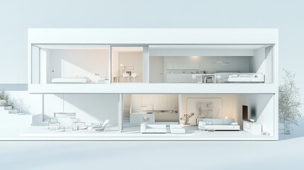 A clean technical cutaway of a white minimalist home, showcasing the interior layout and architectural details in a modern style.