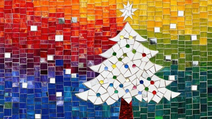 A colorful mosaic design with rainbow and white tiles arranged in the shape of a Christmas tree, offering a vibrant and festive holiday visual.