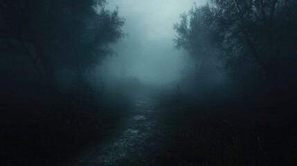 Fototapeta premium A desolate path shrouded in thick mist, with dim light barely piercing through, creating an eerie Halloween atmosphere full of mystery and suspense.
