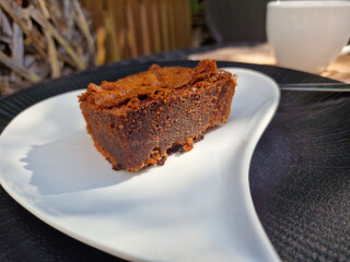 Brownie on a Heart-Shaped Plate in a Picturesque Garden Setting