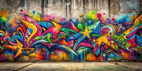 Abstract graffiti style painting with brush strokes and multi colored shapes on rough concrete wall surface