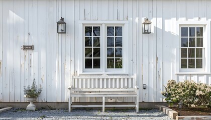 White wooden door and white bench in front of a white wooden house