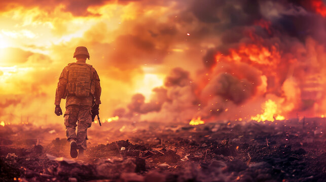 Military man walk burning battlefield