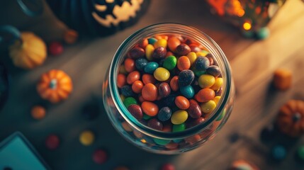 A jar full of colorful Halloween candies on a festive table, captured from a high angle, with spooky decorations adding a Halloween vibe.
