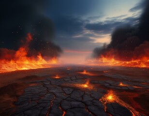 fire on the horizon, burning embers floating in the air