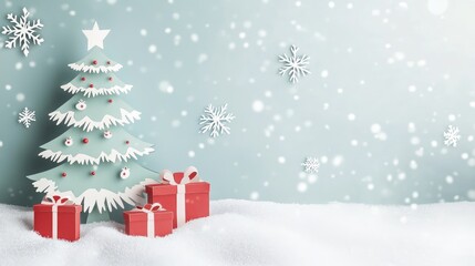 Obraz premium A paper cutout Christmas tree and gifts on the left side, with soft snowflakes falling and copy space on the right against a snowy white background.