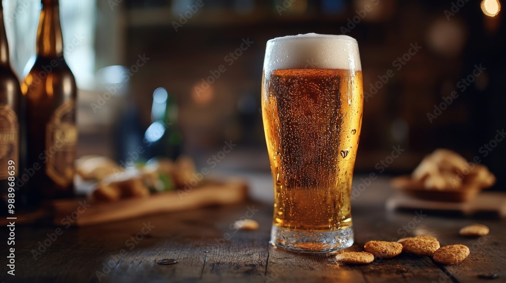 Poster a frosty glass of beer with condensation, sitting on a rustic wooden table, surrounded by beer bottl