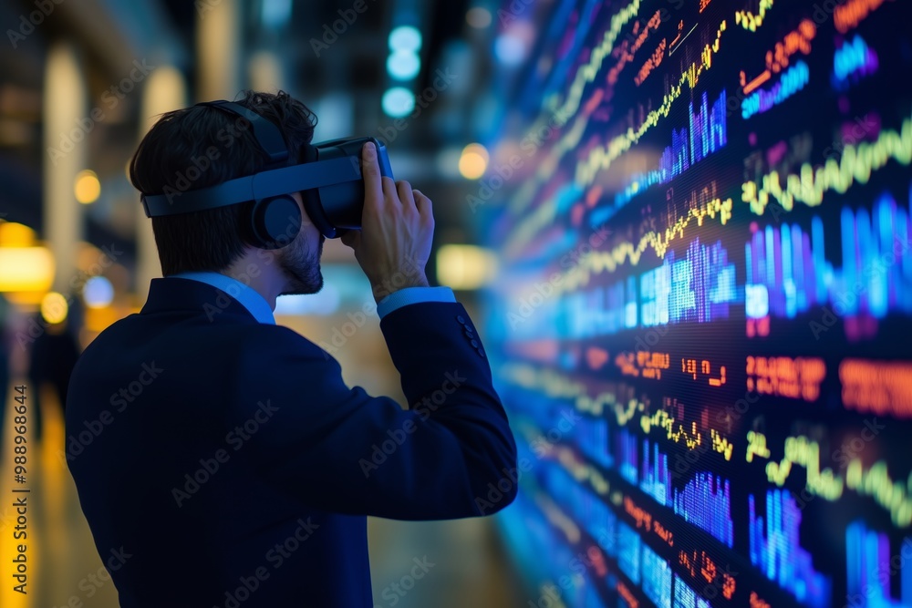 Poster professional using virtual reality technology to engage with digital financial data in a modern offi