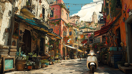 Obraz premium cuntry, generative ai, landscape, architecture, curtoone, chasny house, background, art nouveau, city, skyline, skyscraper, building, night, street, light, old, road, town, urban, europe, people, car,