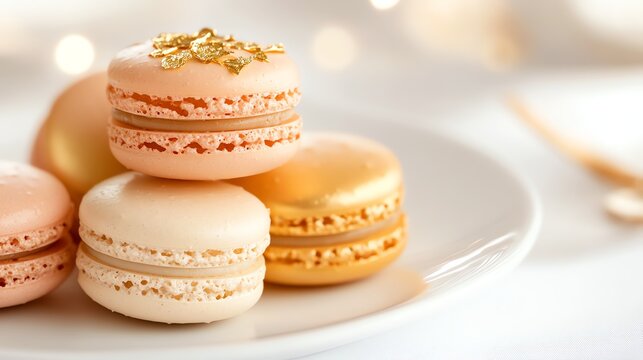 A stack of colorful macarons with gold leaf on a white plate.