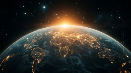Digital network of interconnected cities glowing at night, economic policy, global trade and connectivity