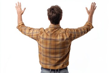 Man in a plaid shirt with arms raised, expressing excitement or celebration.
