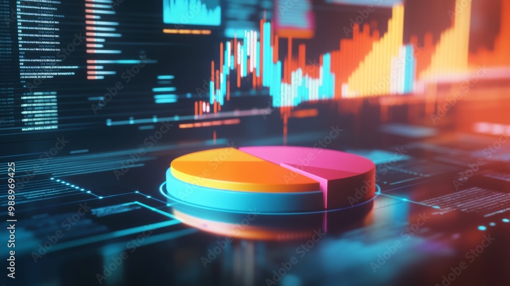 Fototapete a futuristic financial report featuring a 3d pie chart with bright colors, set against a background 