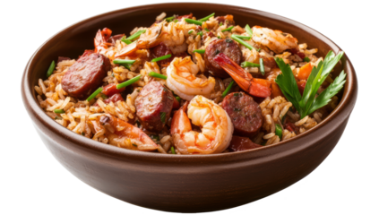 Jambalaya rice food on bowl, isolated white background