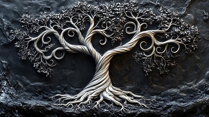 A black and white Tree of Life with swirling roots and branches, each branch forming delicate spirals, symbolizing growth and transformation, intricate detailing in the bark and leaves, high contrast.