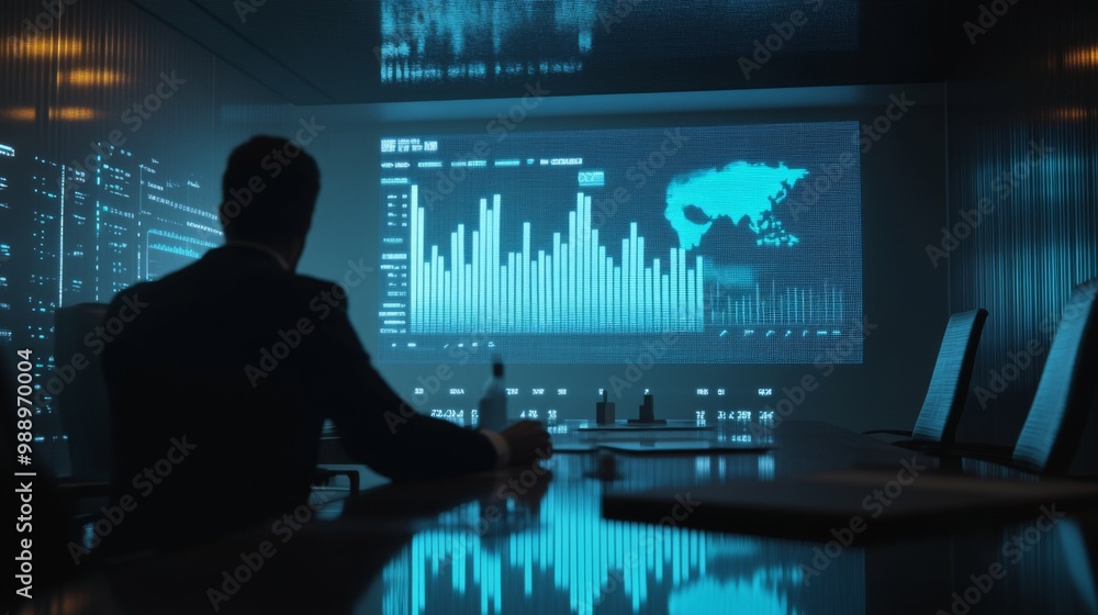 Aufkleber A futuristic holographic bar chart projected in a boardroom, with a business professional interacting with the data visualization