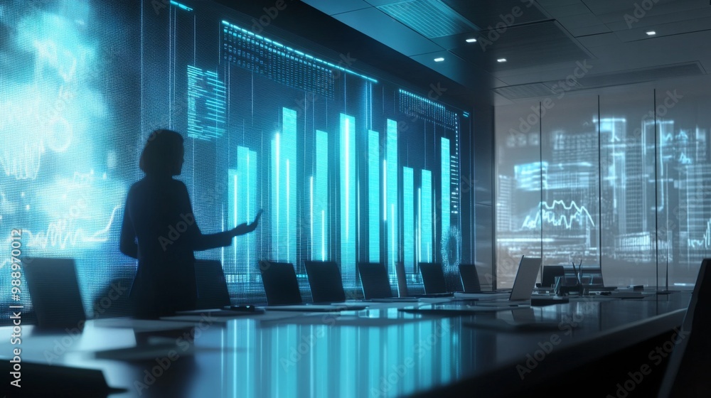 Aufkleber a futuristic holographic bar chart projected in a boardroom, with a business professional interactin