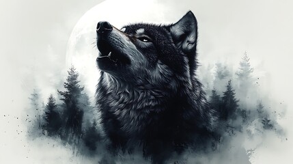 A black and white wolf howling at the moon, detailed fur with shadows and highlights, surrounded by a minimalist forest, symbolizing independence and wildness.  --ar 16:9 --no logo