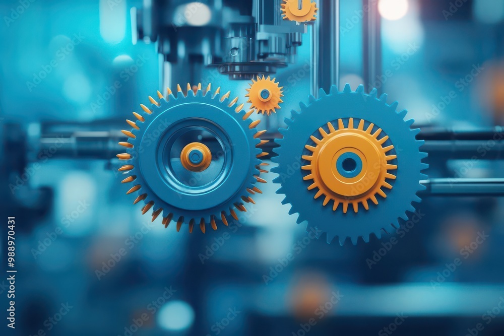 Poster mechanical gears, rotating within a large factory system, 3d illustration