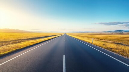Naklejka premium Morning sunlight casts long shadows on a deserted highway, captured in 8K resolution with ultrarealistic detail and perfect focus