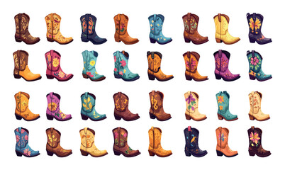 Cowboy boots cartoon vector set. High shoes floral ornaments frontier usa wild west footwear, traditional cattleman american rancher unisex leather accessories, isolated on white background artworks