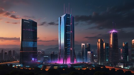 Fototapeta premium Futuristic cityscape at sunset.