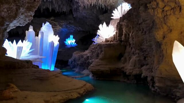  Illuminated Crystal Formations in a Cave with Water