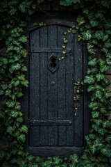 A locked door with ivy creeping around the edges, symbolizing blocked thoughts or emotions slowly being overtaken by time 