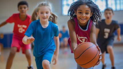 Smiling girl dribbling basketball during a game with teammates.
