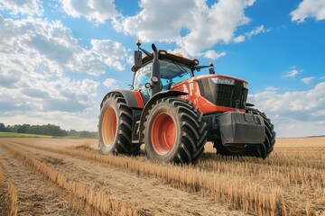 Obraz premium A large, red tractor drives through a wheat field, harvesting crops on a sunny day with clouds in the sky.