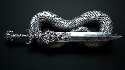 Obraz premium A serpent coiled around a dagger in black and white, sharp and detailed scales on the snake, the blade glinting with shadow effects, symbolizing danger and strength, intricate line work.