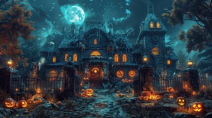 Obraz premium A dark and foreboding mansion stands amidst a yard full of glowing pumpkins under a large, bright moon. Tall, barren trees and wrought-iron fences add to the eerie atmosphere, while the house's glowin